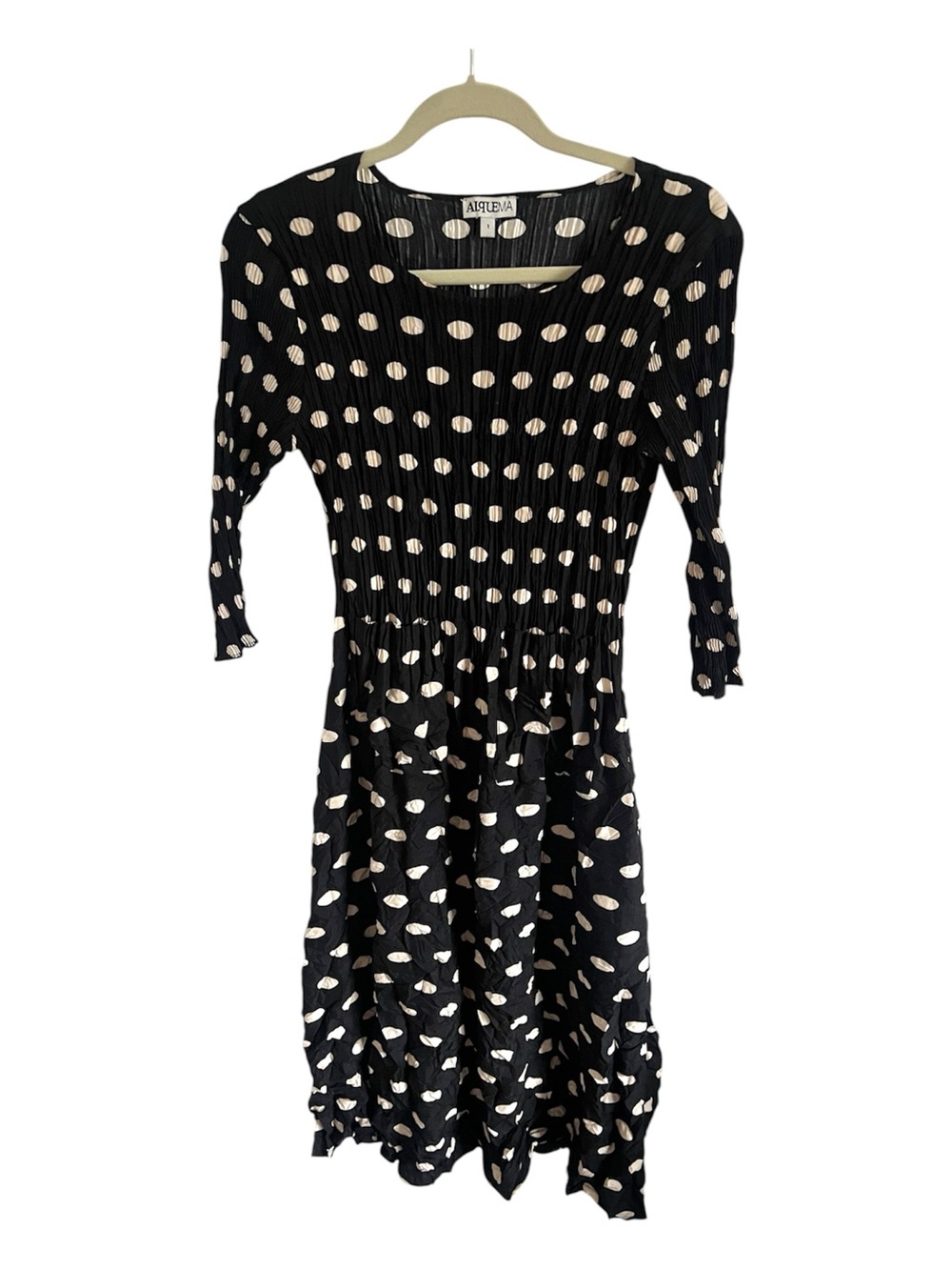 Alquema Black Polka Dot Crinkled Midi Dress, size 1 or medium